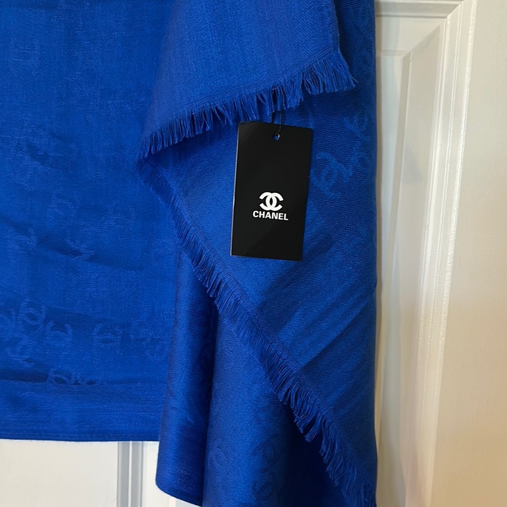 Chanel Blue Fringed Stole Scarf
